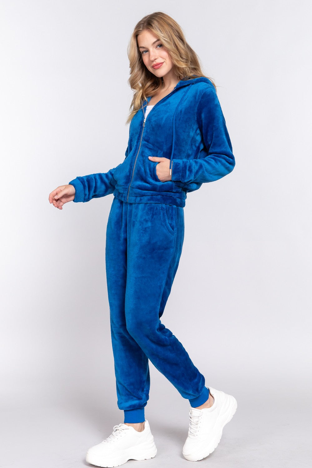 Active Basic Faux Fur Women's Zip Up Hoodie & Joggers Set Deep Blue