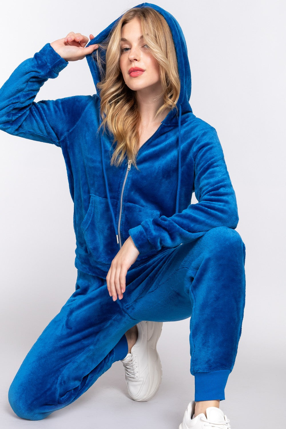 Active Basic Faux Fur Women's Zip Up Hoodie & Joggers Set Deep Blue