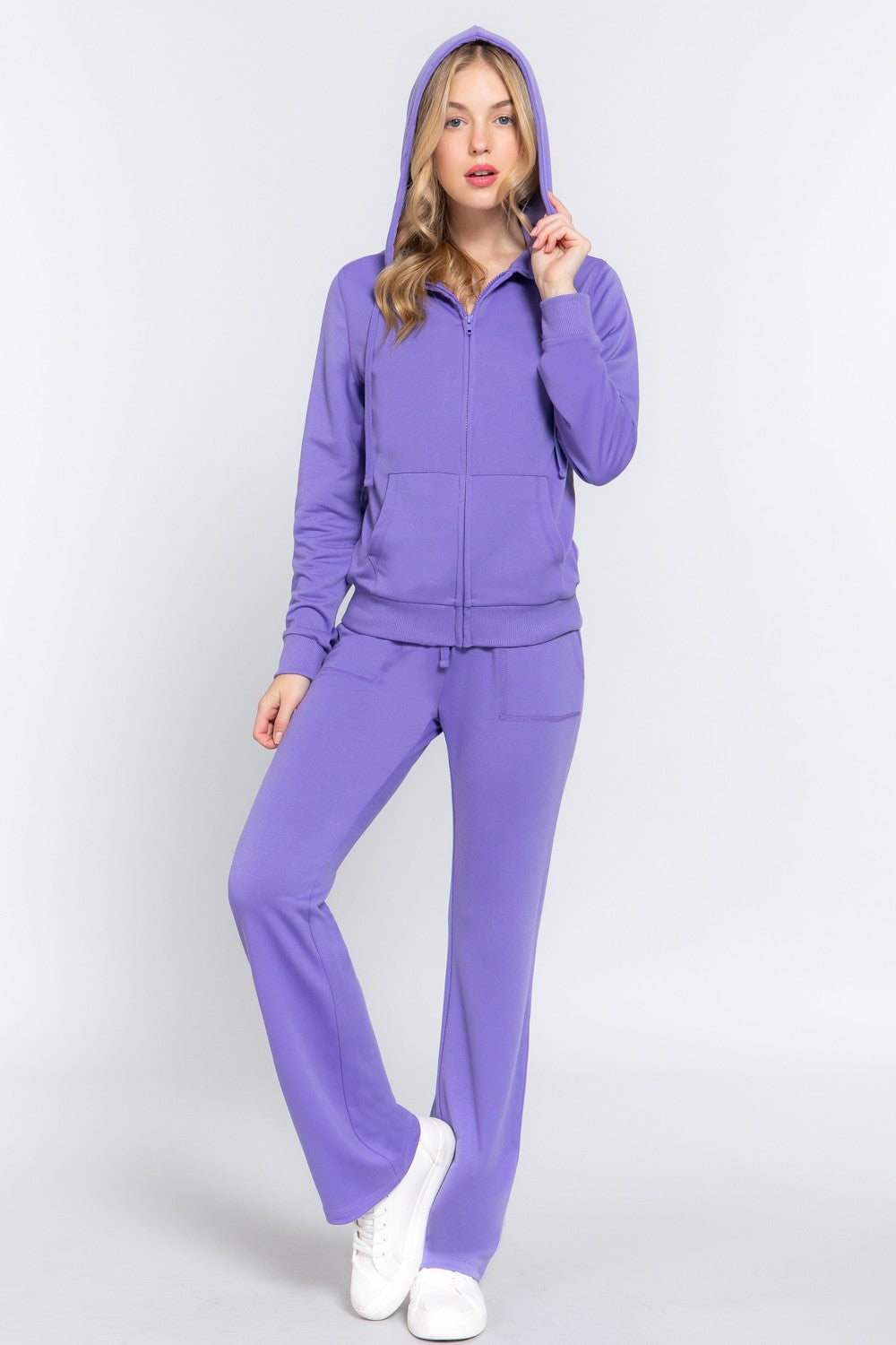 Active Basic French Terry Zip Up Hoodie & Drawstring Purple Pants Set