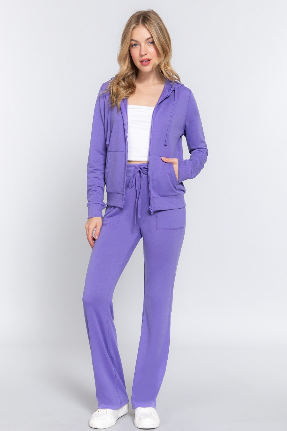 Active Basic French Terry Zip Up Hoodie & Drawstring Purple Pants Set