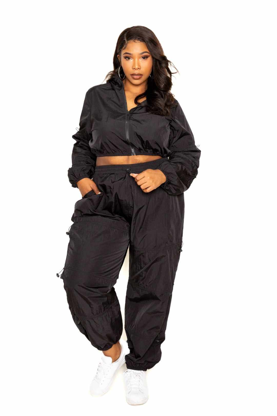 Active Zip Up Set With Cord Lock Detail-Black