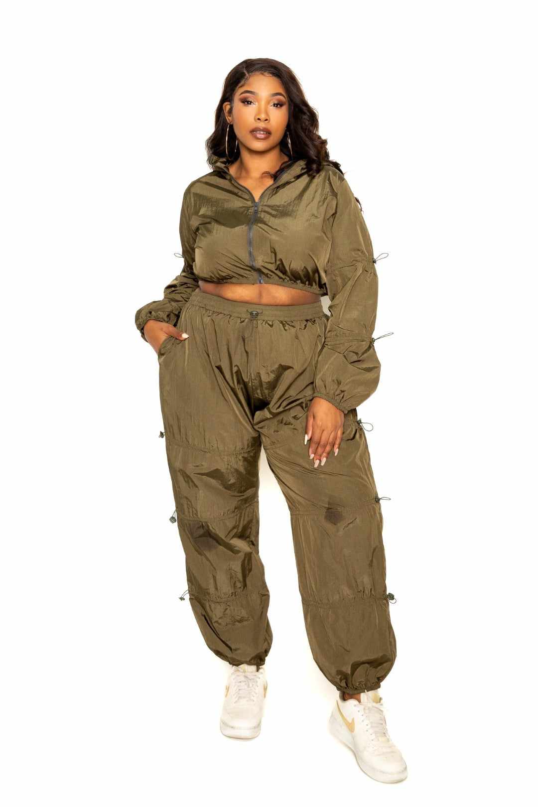 Active Zip Up Set With Cord Lock Detail-Olive