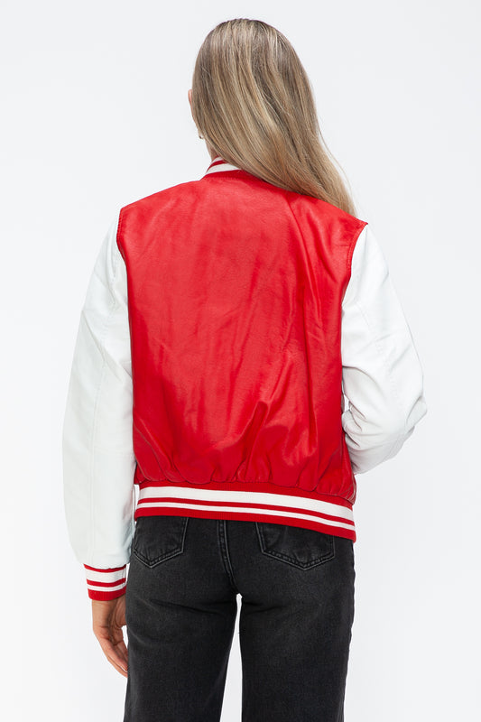 Baseball PU leather bomber jacket in red and white, featuring contrast snap down design, shown from the back on a model.