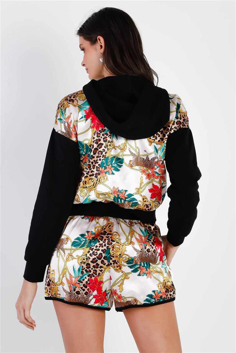Animal Print Hooded Top & Short Set-Black
