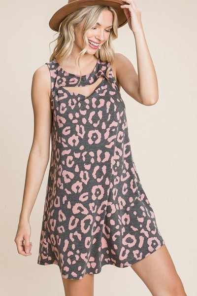 Animal Print Sleeveless Tunic Dress-Black