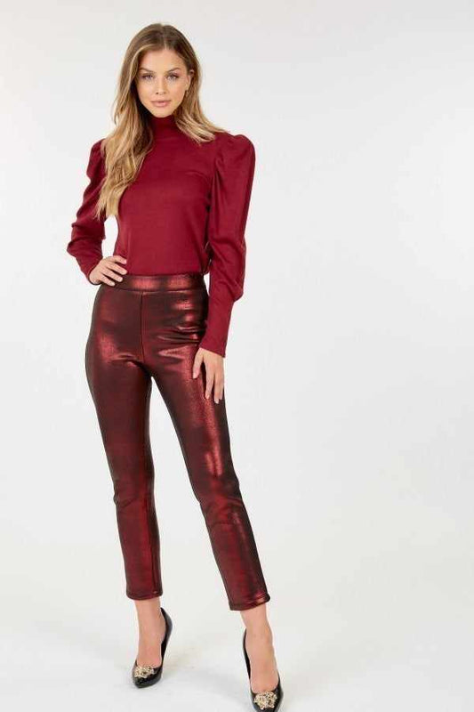 Animal Skin Vinyl Ankle Pants-Burgundy