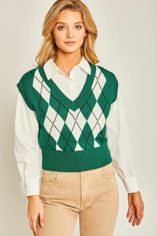 Argyle Print Sweater Vest-Green