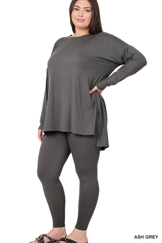 Ash Grey Plus Size Loungewear Set, buttery soft microfiber, perfect stretch, long sleeve top, and leggings for comfort and style.