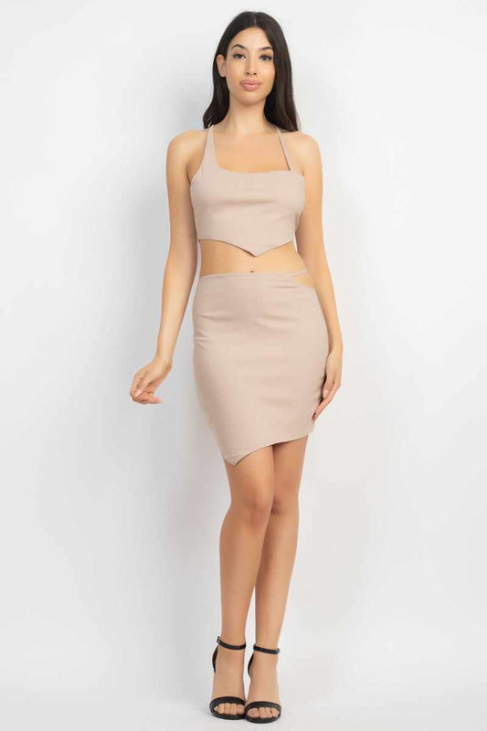 Light Taupe Asymmetrical Cross Back Top & Skirt Set with High Waist and Mini Length Skirt Features Sleeveless Design and Drawstring Closure