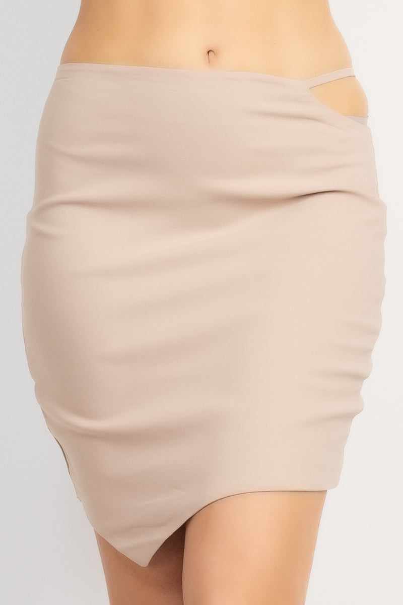 Light Taupe asymmetrical mini skirt with high waist and side cutout, crafted from Rayon blend.