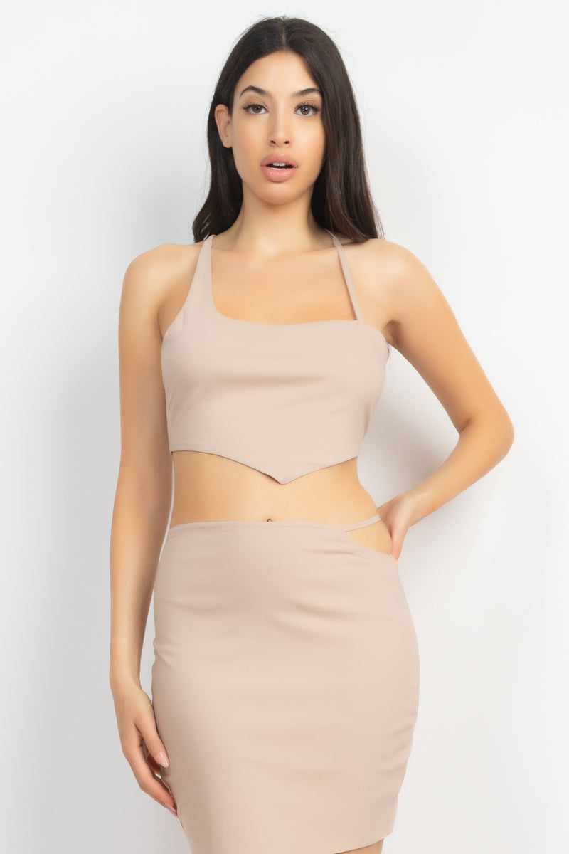 Light Taupe Asymmetrical Cross Back Top and Skirt Set with High Waist, Sleeveless Tank, and Mini Skirt with Side Cutout