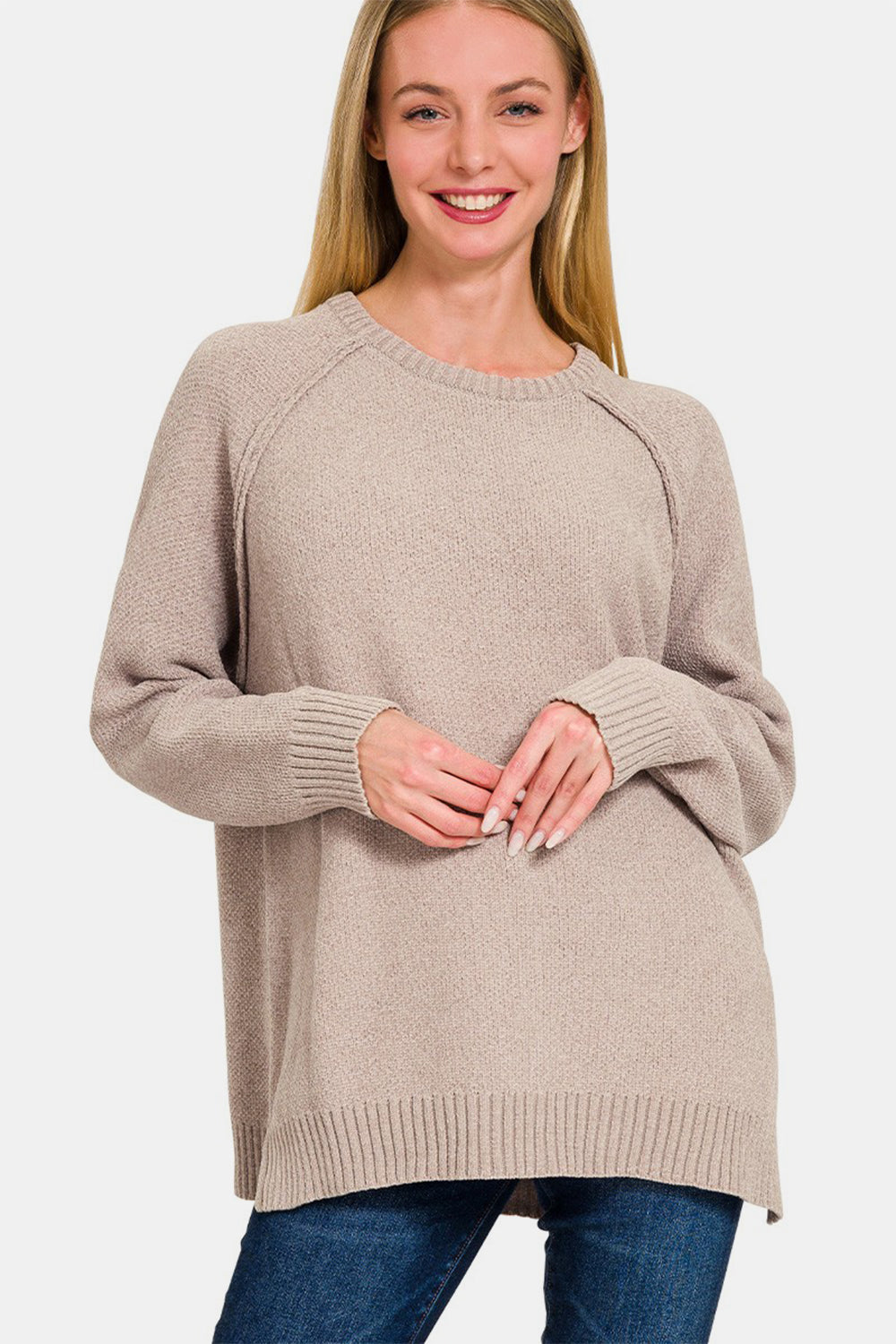 Light Mocha Side Slit Raglan Sleeve Sweater with Exposed Seam and Ribbed Detail, Slightly Stretchy Polyester and Acrylic Blend