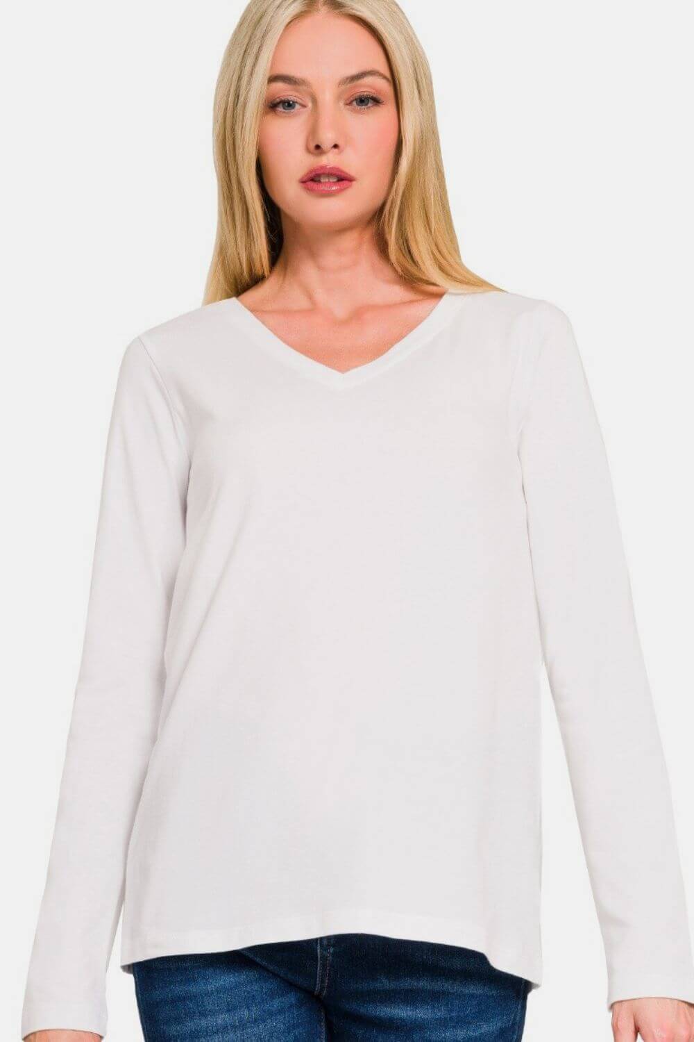 White full size V-neck long sleeve t-shirt in cotton and spandex blend, featuring a basic style with slight stretch.