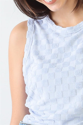 Baby blue chess cage print sleeveless bodysuit with crew neckline, semi-stretchy cotton blend fabric.