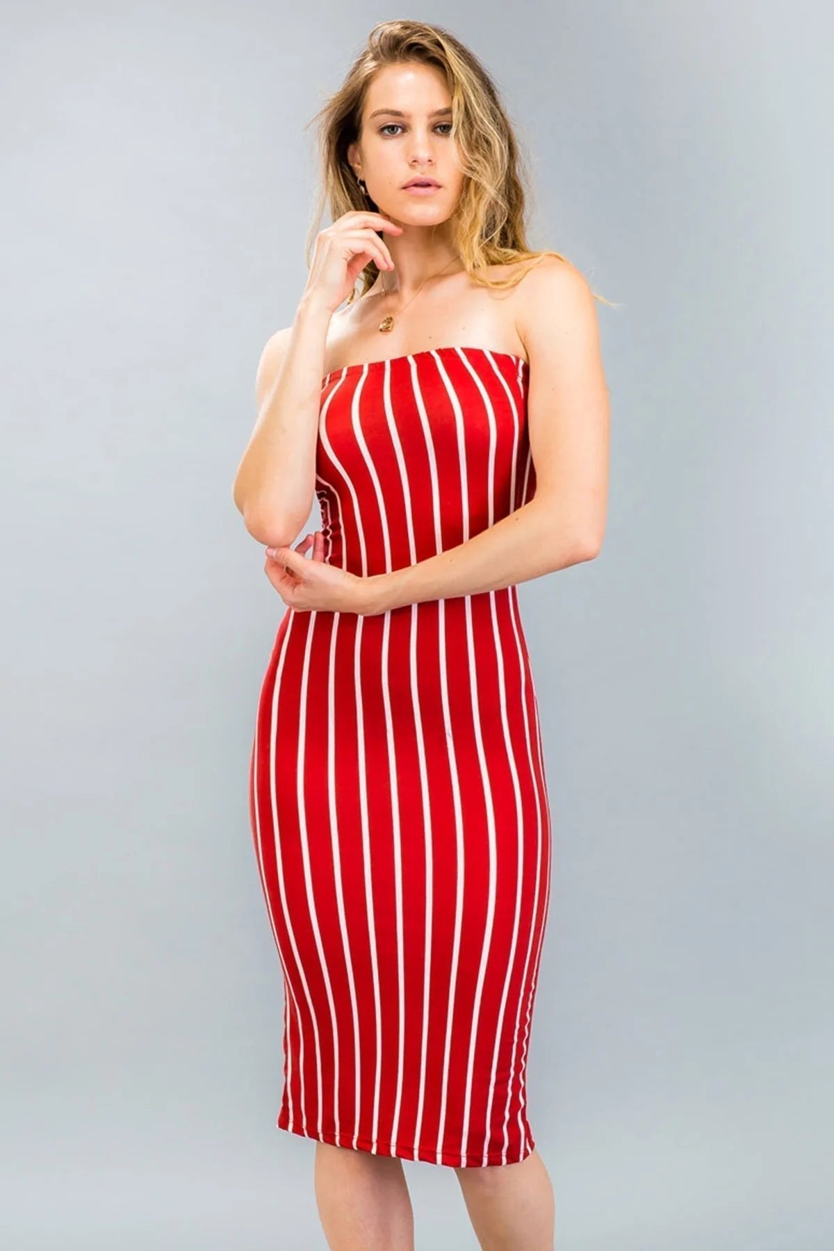 Red and white striped back cut-out tube midi dress with open shoulders, perfect for a stylish summer look.
