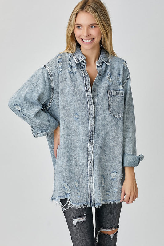 Woman wearing Bae Distressed Raw Hem Denim Shirt, featuring washed denim with a raw hem and no stretch, made of 100% cotton.