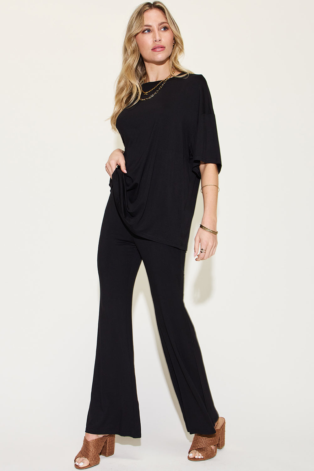 Bamboo Drop Shoulder T-Shirt and Flare Pants Set