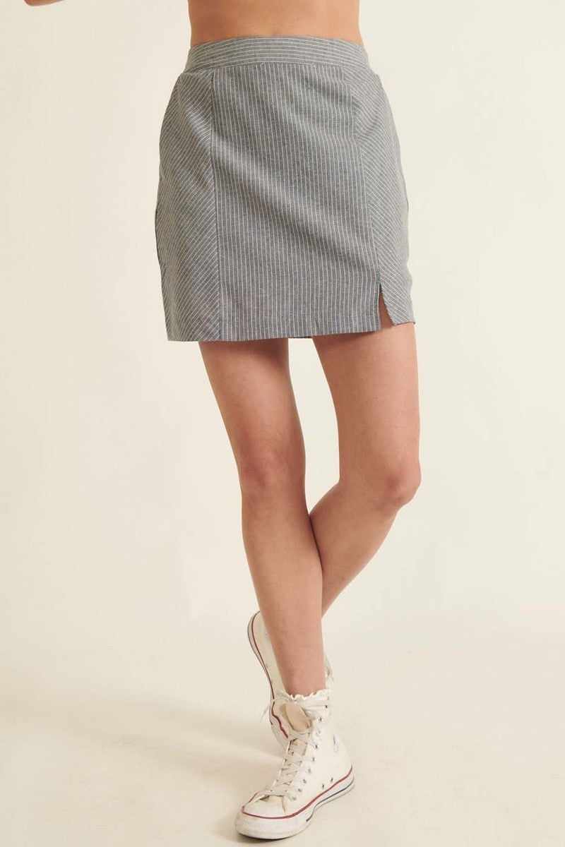 Banded Front Waist Pinstripe Mini Skirt-Denim Blue