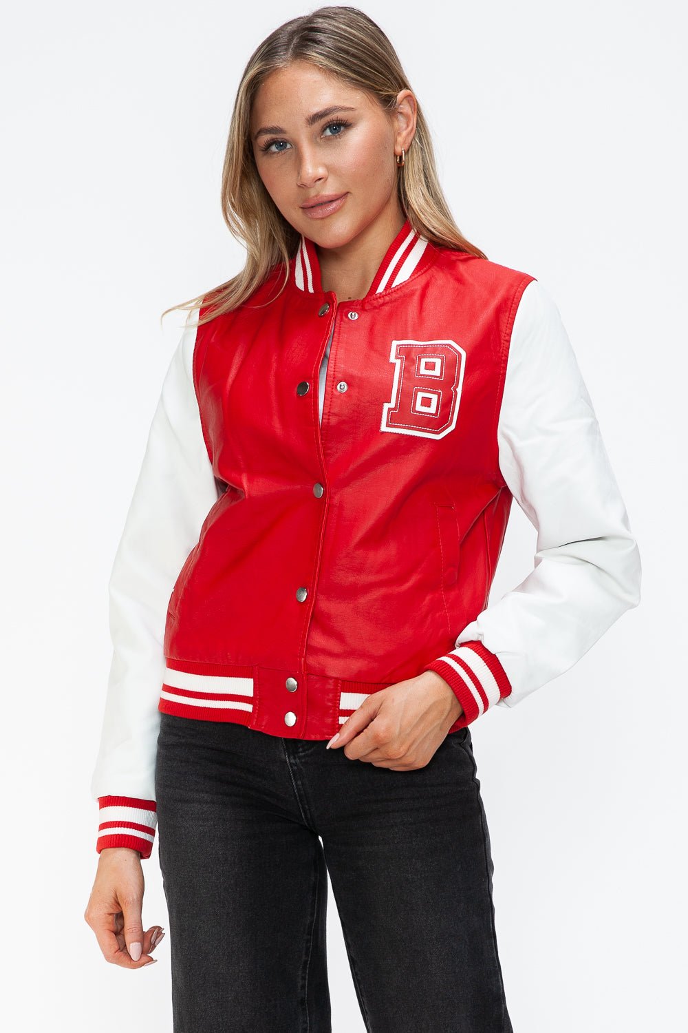 Woman wearing red and white PU leather contrast snap down bomber jacket with "B" logo, featuring basic style and normal thickness.
