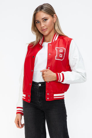 Woman wearing red and white Baseball PU Leather Contrast Snap Down Bomber Jacket with letter B patch.