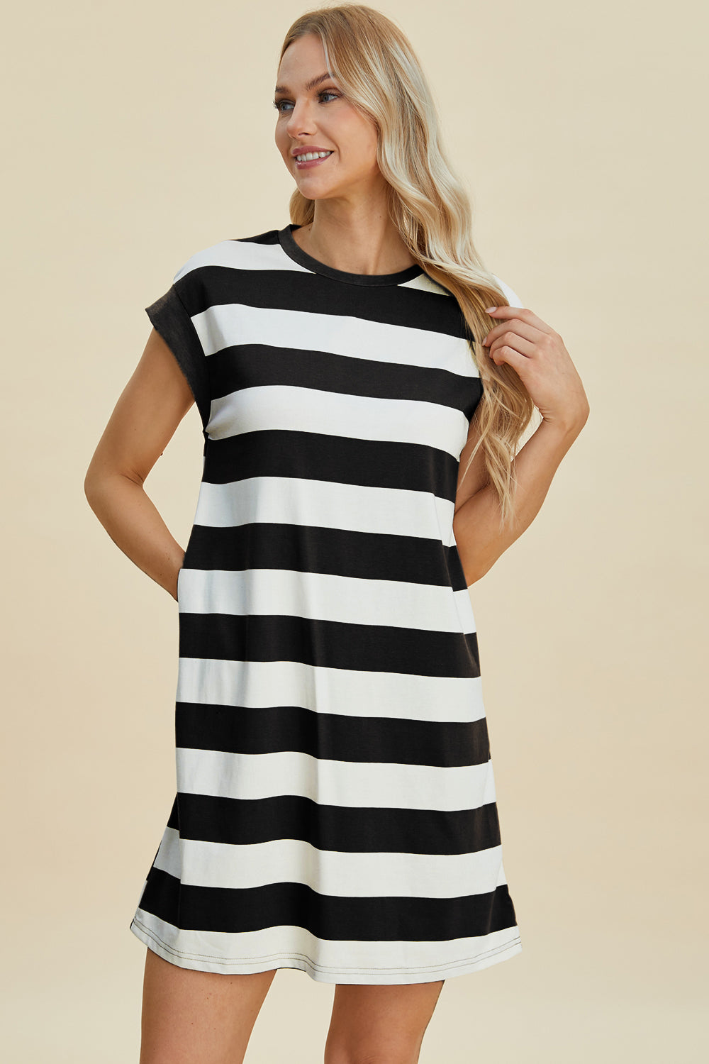 Basic Bae black and white striped mini dress with cap sleeves and round neck, perfect for casual style.