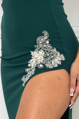 Beaded Embroidered Near Slit Detail Maxi Ddress-Hunter Green