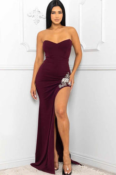 Beaded Embroidered Near Slit Detail Maxi Dress-Maroon