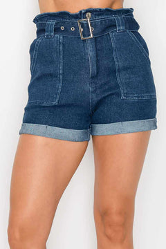 Belted Paperbag Denim Shorts-Dark Denim