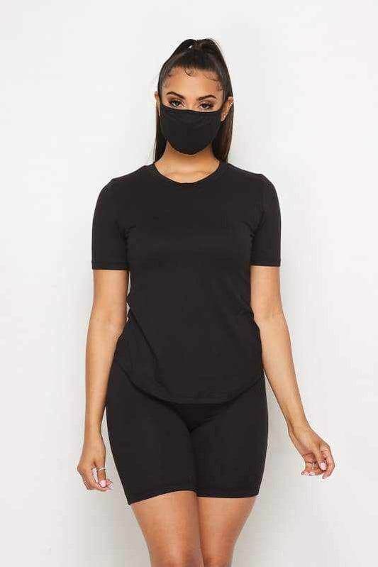 Black Casual Two-Piece Short Set in cotton-spandex blend, shown worn with matching mask, highlighting style and comfort.