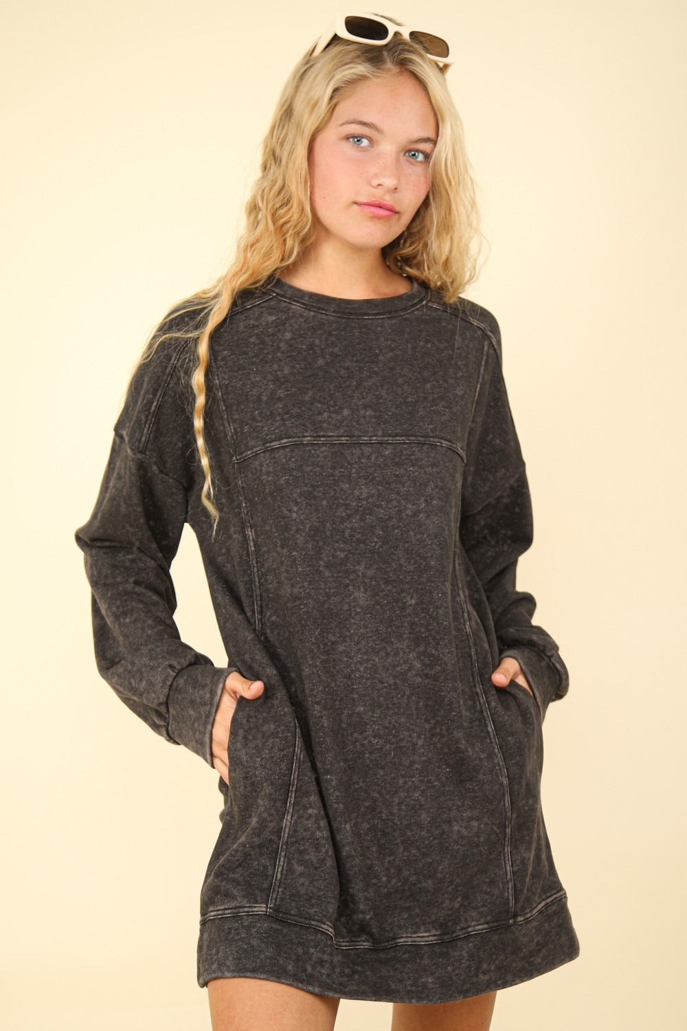 Black mineral washed oversized sweatshirt mini dress with pockets, modeled, slightly stretchy cotton spandex blend