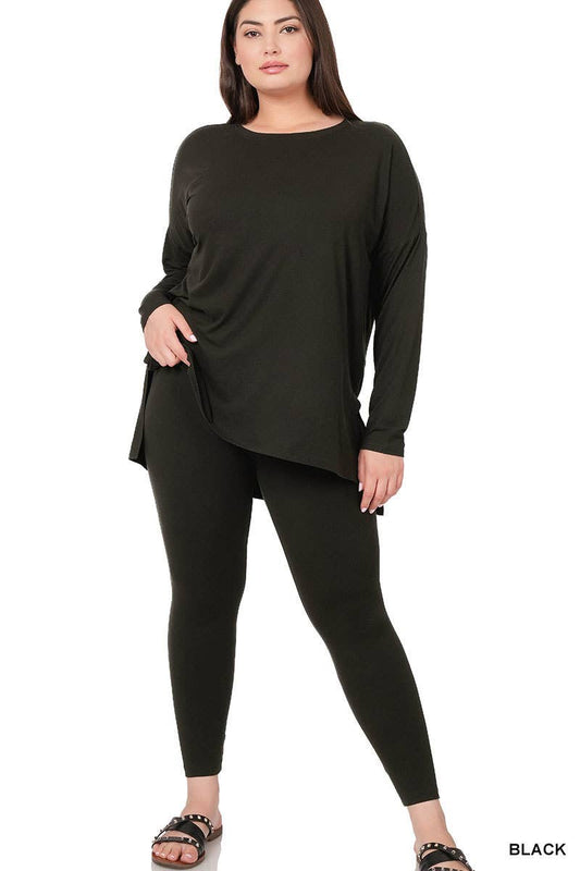Plus size black loungewear set featuring a buttery soft top and leggings, made of 90% polyester and 10% spandex, displayed on a model.