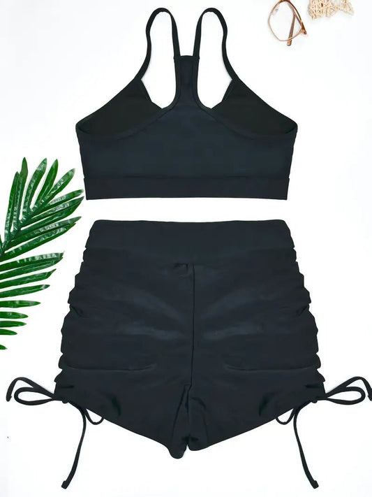 Black Ruched Bikini Set | Athletic High-Waisted Two-Piece