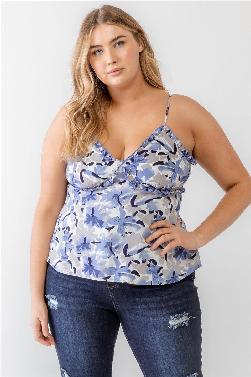 Plus Size Blue Floral Print Tank Top with V-Neck and Adjustable Straps, Styled Casually with Jeans