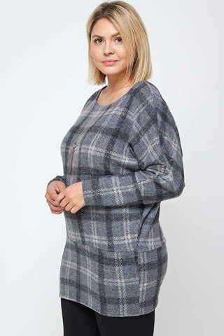 Boat Neck Plaid Print Tunic Top-Grey