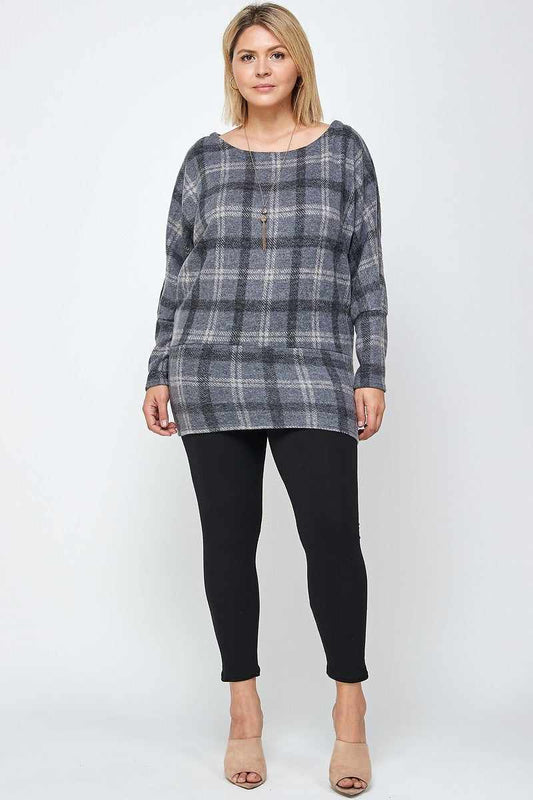 Boat Neck Plaid Print Tunic Top-Grey