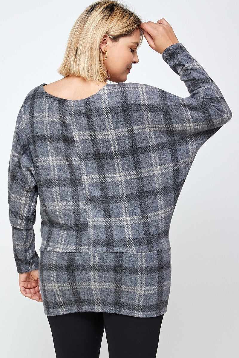 Boat Neck Plaid Print Tunic Top-Grey