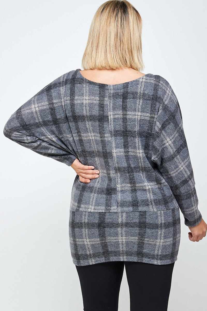 Boat Neck Plaid Print Tunic Top-Grey