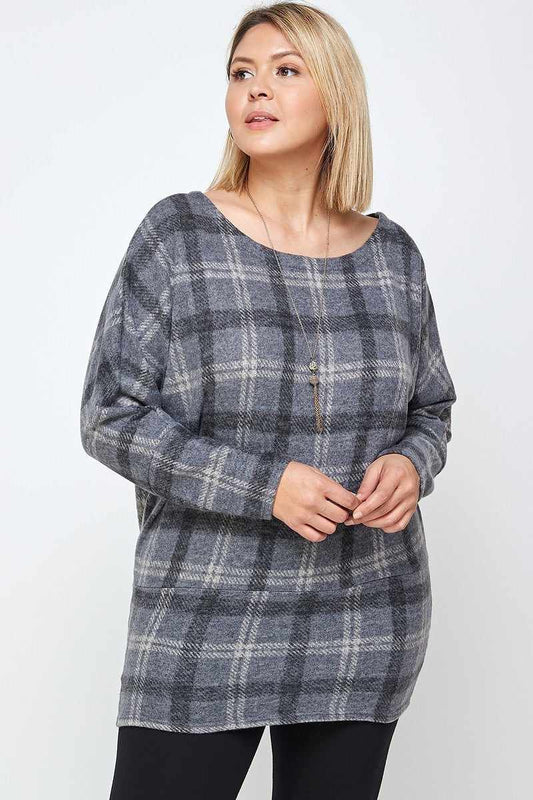 Boat Neck Plaid Print Tunic Top-Grey