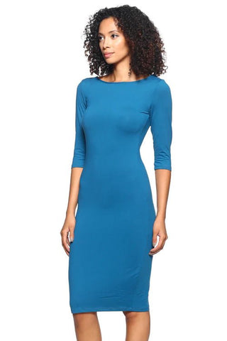 Blue midi bodycon dress with 3/4 sleeves and scoop back made from stretch knit fabric.