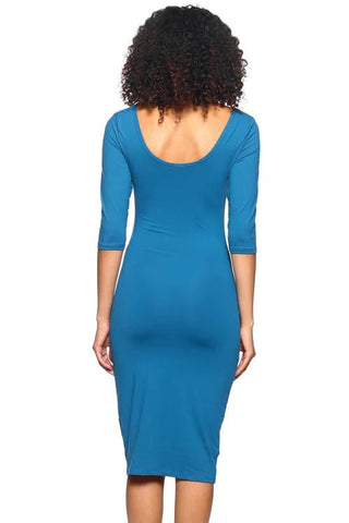 Woman wearing blue midi bodycon dress with scoop back and 3/4 length sleeves, shown from the back, highlighting fitted style.