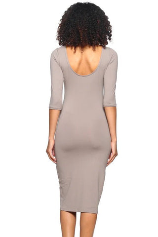 Midi Bodycon Dress Leslie in taupe, featuring 3/4 sleeves and scoop back, crafted from stretch knit for a fitted silhouette.