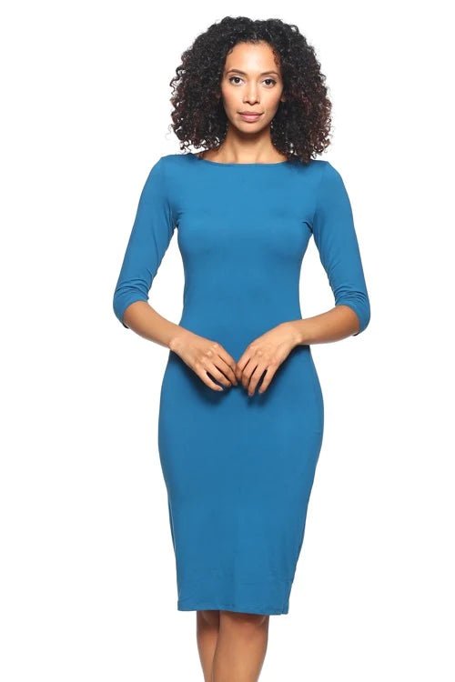 Woman wearing blue bodycon midi dress with 3/4 sleeves, scoop back, made of stretch knit, showcasing elegant fitted style.
