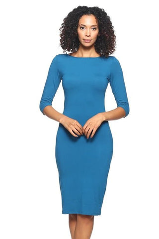 Woman wearing blue bodycon midi dress with 3/4 sleeves, scoop back, made of stretch knit, showcasing elegant fitted style.