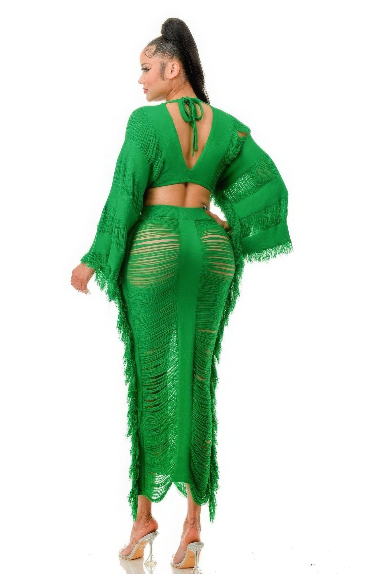 Women's Boho Chic Green Distressed Skirt Set with Lace-Up Cropped Design and See-Through Material, Trendy Sunsuit Cover Up.