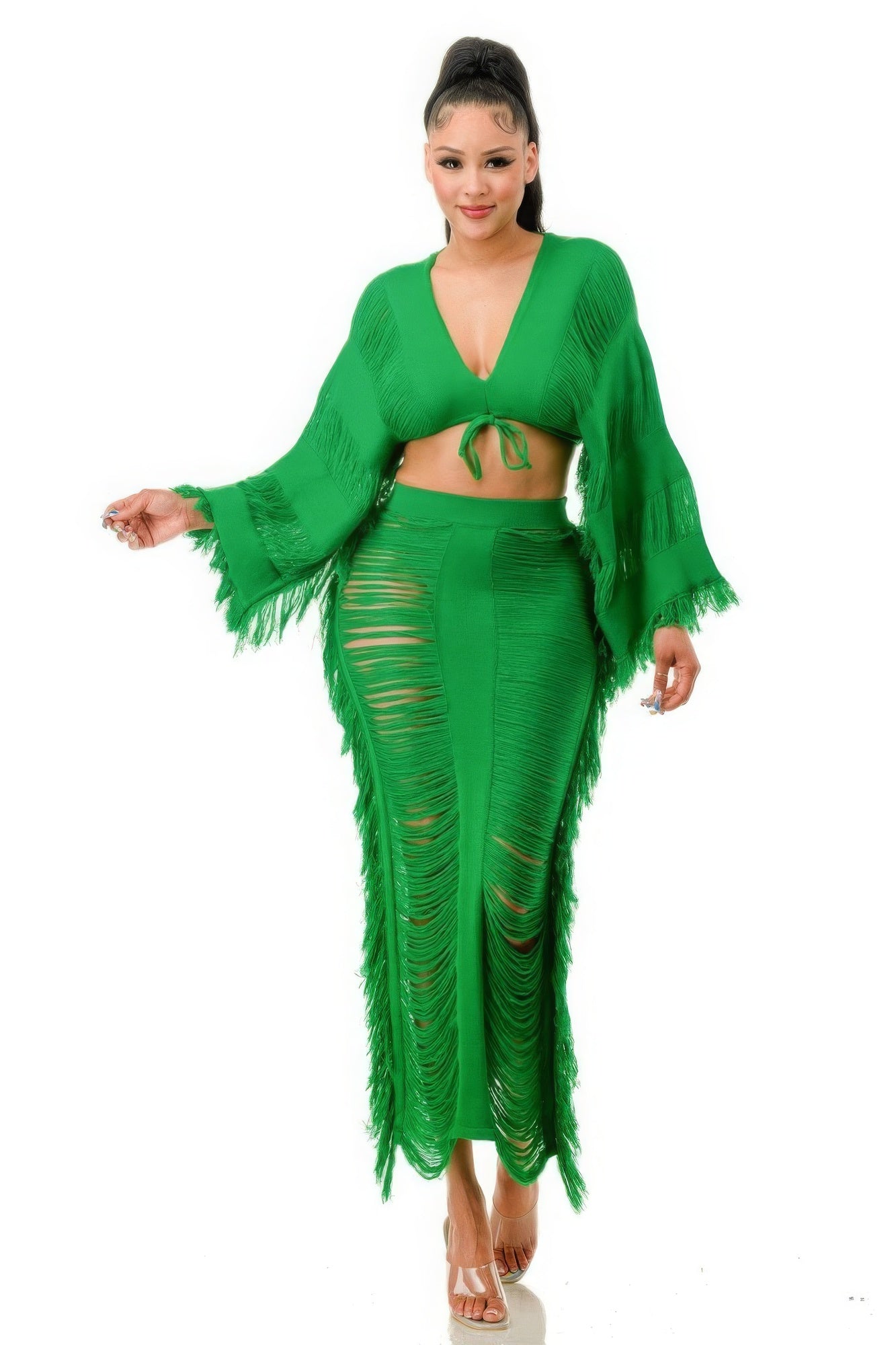 Women's Boho Chic Green Distressed Skirt Set with Lace-Up Crop Top and See-Through Material