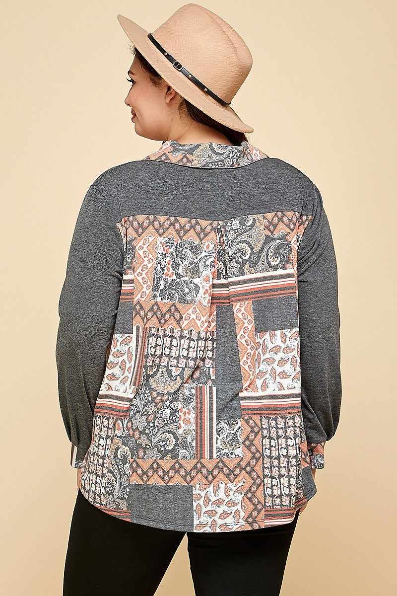 Plus size printed patchwork button-up shirt in charcoal with seamed back yoke, modeled from the back view.