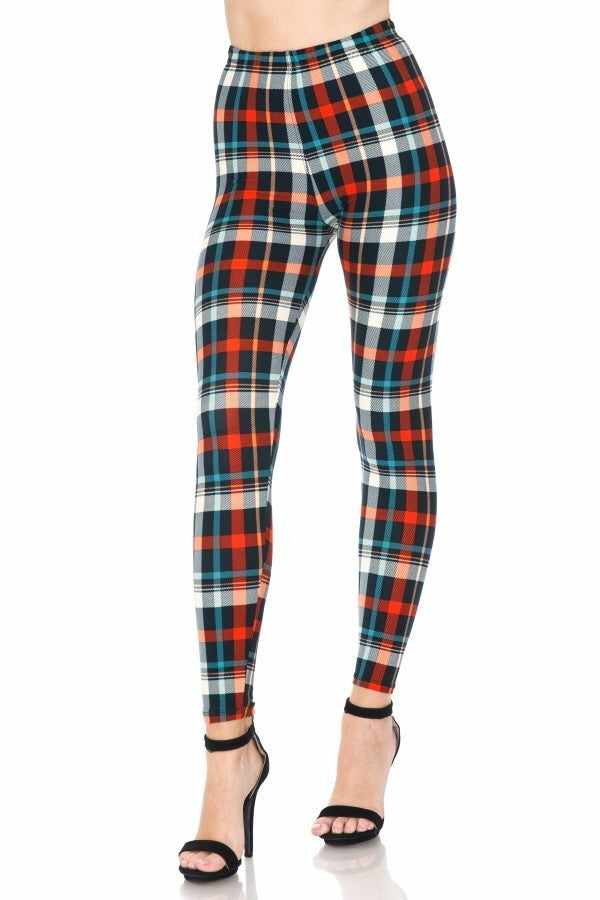 Multi-colored plaid leggings with elasticized waistband and high waist, featuring a fitted style in 92% polyester and 8% spandex.