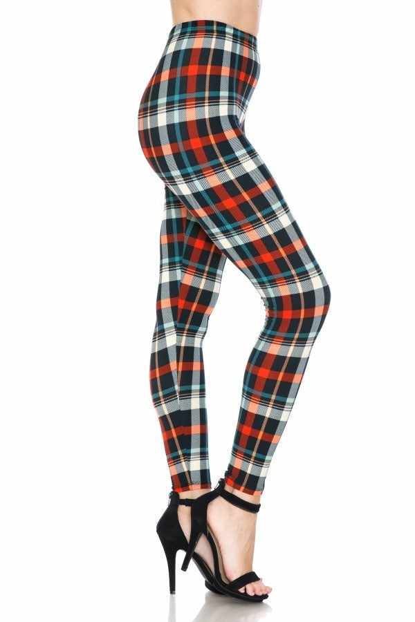 Multi-colored plaid high waisted leggings with elastic waistband, styled with high heels.