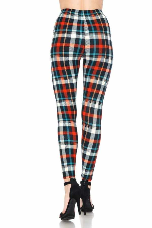 Multi-colored plaid high-waisted leggings with an elasticized waistband, shown from the back, featuring a one-size-fit design.