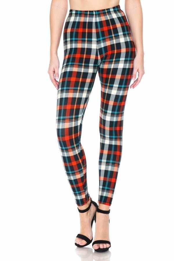 Multi-colored plaid high-waisted leggings with elasticized waistband, one size fits all, polyester and spandex blend.